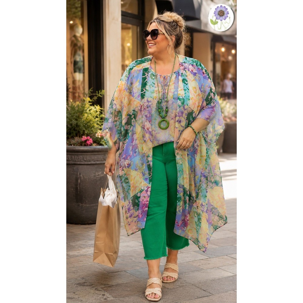4XL 26/28 Sheer Floral Kimono & Matching Blouse Green Capri 28W Cover Colorful